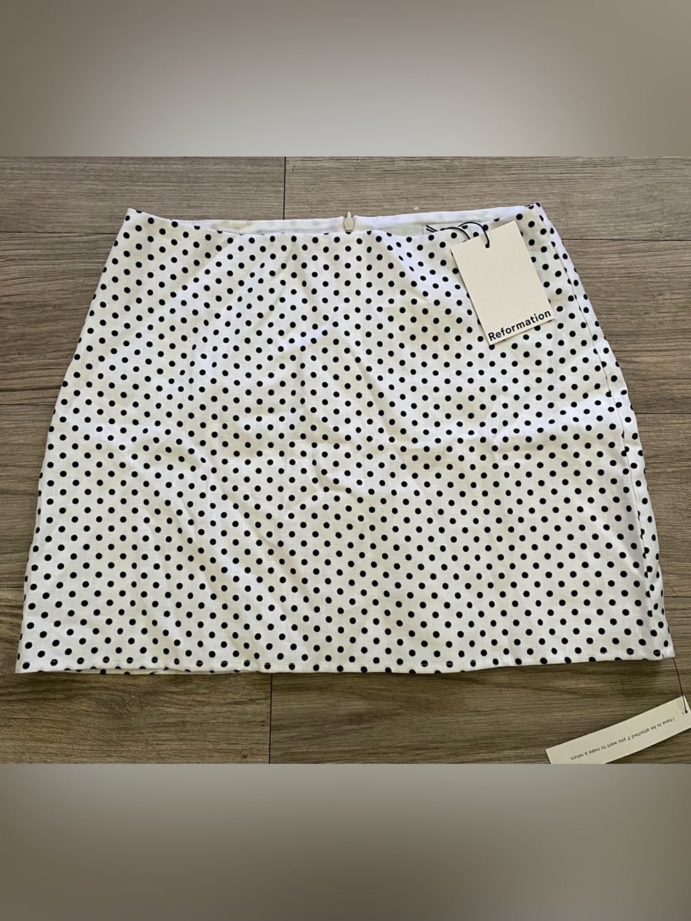 Reformation Veranda Linen White Mini Skirt with Black Polka Dots
